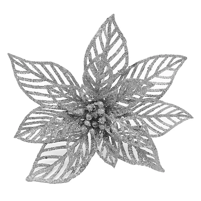 Holiday Time 9IN Silver Glitter Poinsettia Pick, HOLIDAY TIME PL GLTR SLV POINSETTIA