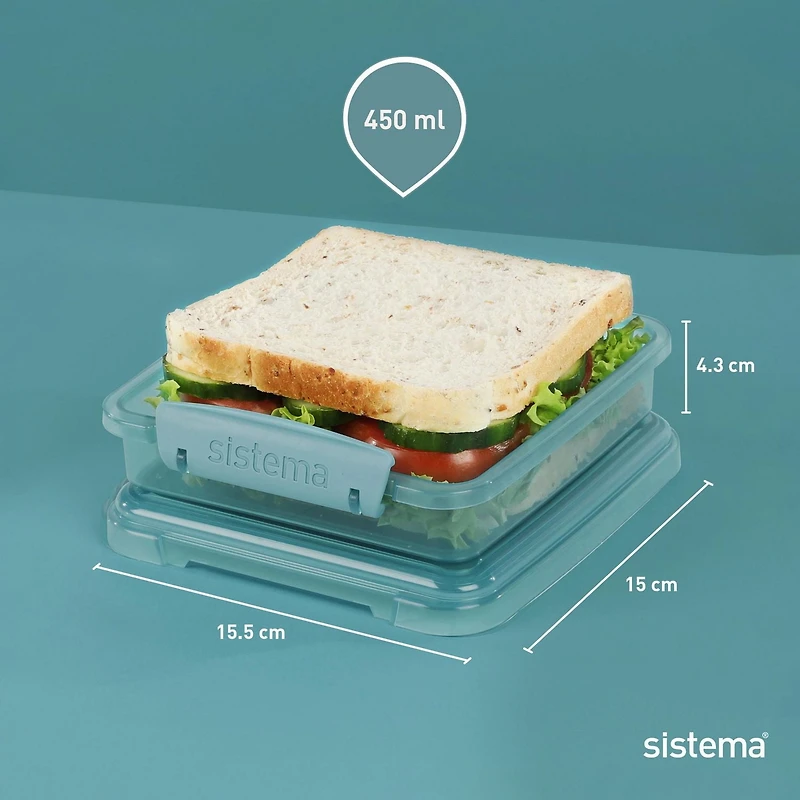 Sistema Ocean Bound Plastic Sandwich Box, 450 mL Food Storage Container and Lunch Box, BPA-Free, Made Using Recycled Plastic