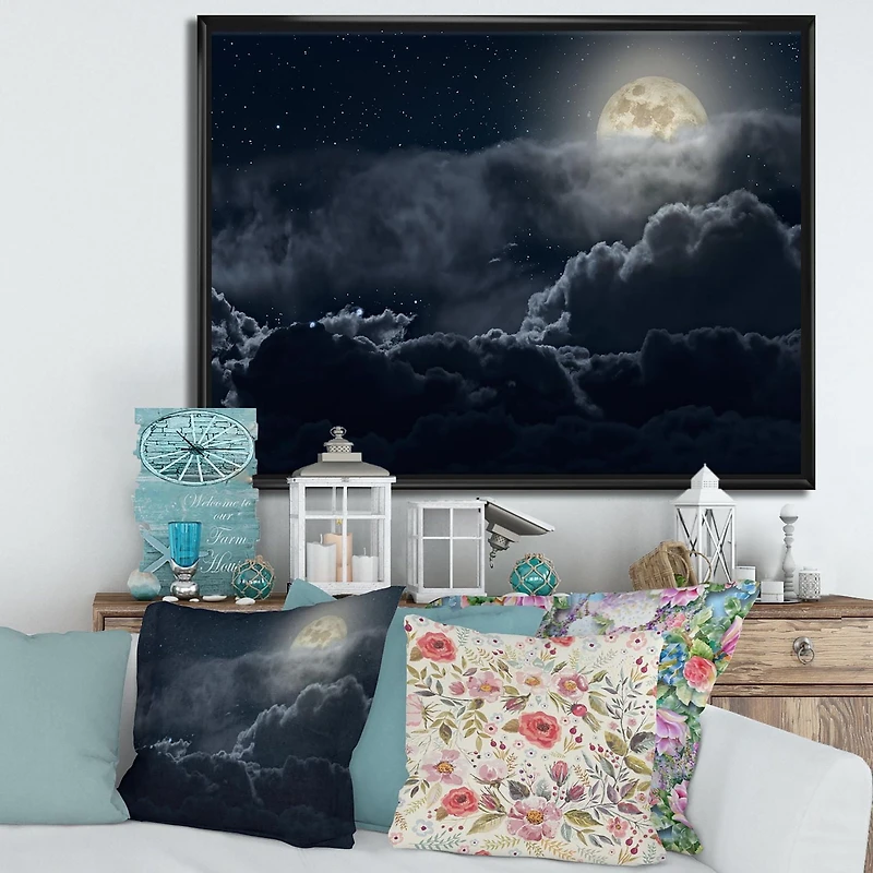 Designart Cloudy Full Moon Night FLOAT FRAME WALL ART