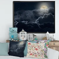 Designart Cloudy Full Moon Night FLOAT FRAME WALL ART