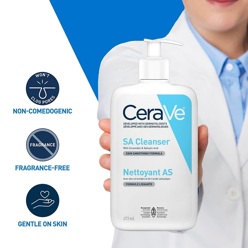 CeraVe SA Cleanser, Salicylic Acid Exfoliating Face Wash with Vitamin D and Ceramides for Rough Bumpy Skin, 473mL