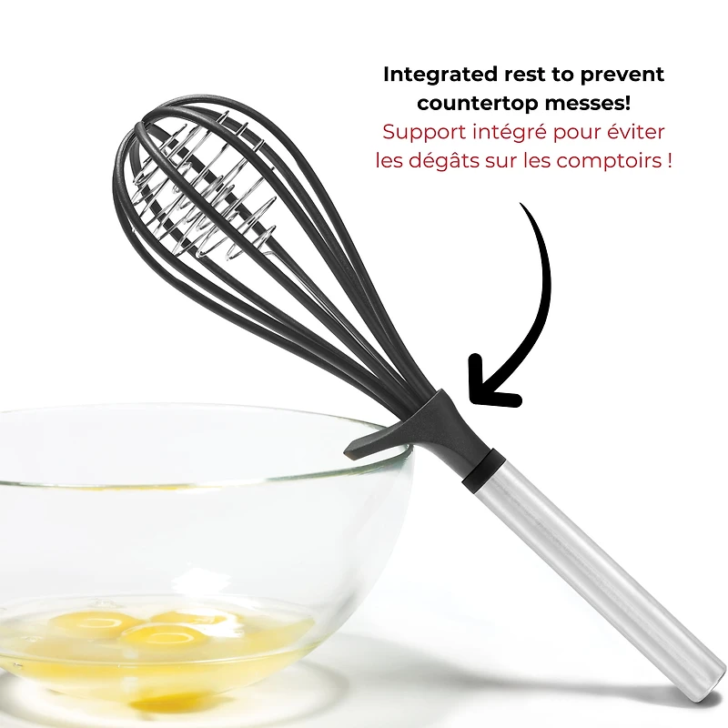 Starfrit Gourmet STEEL Nylon Whisk, High Heat Resistant, Safe for Non-Stick, Stainless Steel Handle, Three Balloon Whisk for Efficiency, Integrated Rest, Dishwasher Safe, Whisk sauces, creams and eggs with ease using the Starfrit Gourmet STEEL Nylon Whisk. Its 430-grade stainless steel handle and heat-resistant nylon head are safe for non-stick cookware. Features an integrated rest and triple-balloon design for efficient whisking. Dishwasher safe.