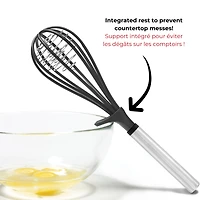 Starfrit Gourmet STEEL Nylon Whisk, High Heat Resistant, Safe for Non-Stick, Stainless Steel Handle, Three Balloon Whisk for Efficiency, Integrated Rest, Dishwasher Safe, Whisk sauces, creams and eggs with ease using the Starfrit Gourmet STEEL Nylon Whisk. Its 430-grade stainless steel handle and heat-resistant nylon head are safe for non-stick cookware. Features an integrated rest and triple-balloon design for efficient whisking. Dishwasher safe.