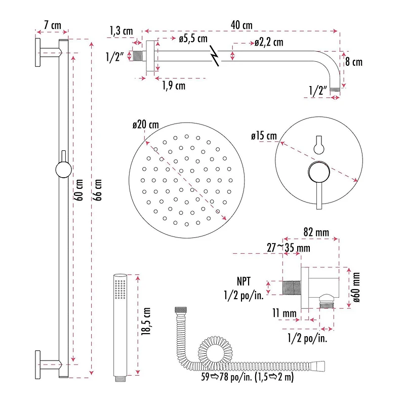 L'ensemble de robinet de couche akuaplus® ELITE avec cartouche à pression balancée et inverseur 2 voies plus 1, Un sytème de barre murale réglable avec douchette et pommeau avec raccord en laiton.