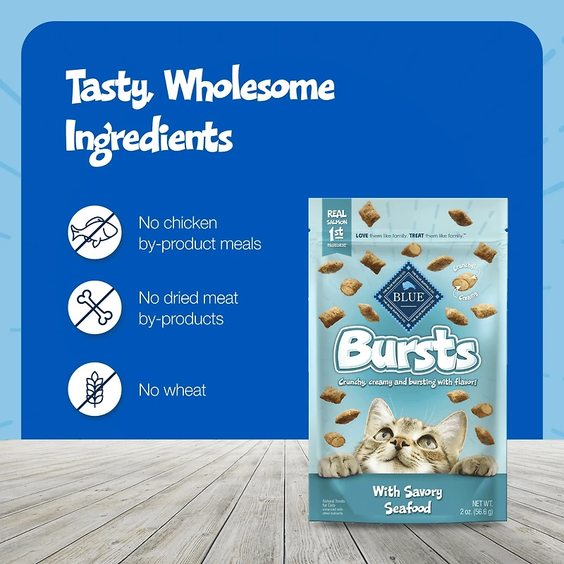 Blue Buffalo Bursts Crunchy & Creamy Cat Dry Treats, Great for Training, Seafood, 2-oz, 56g