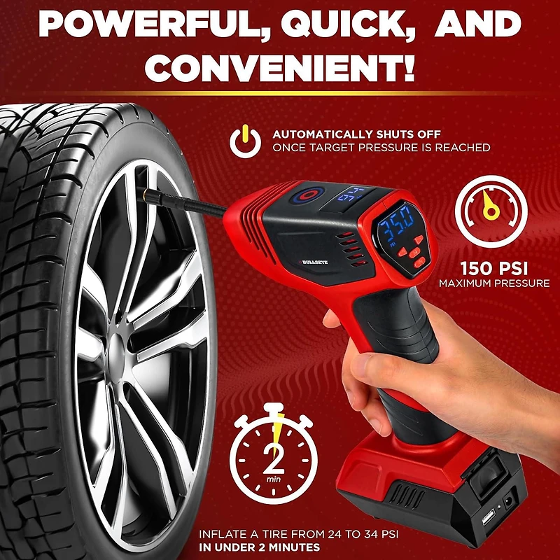 Gonfleur de pneus Bullseye 150 PSI – Compresseur d’air électrique portatif, pompe à air pour voiture et vélo avec manomètre LED et alimentation 12V DC Bullseye Tire Inflator 150 PSI Electric Air Compressor Portable Air Pump For Car Bike LED Tire Pressure Gauge 12V DC