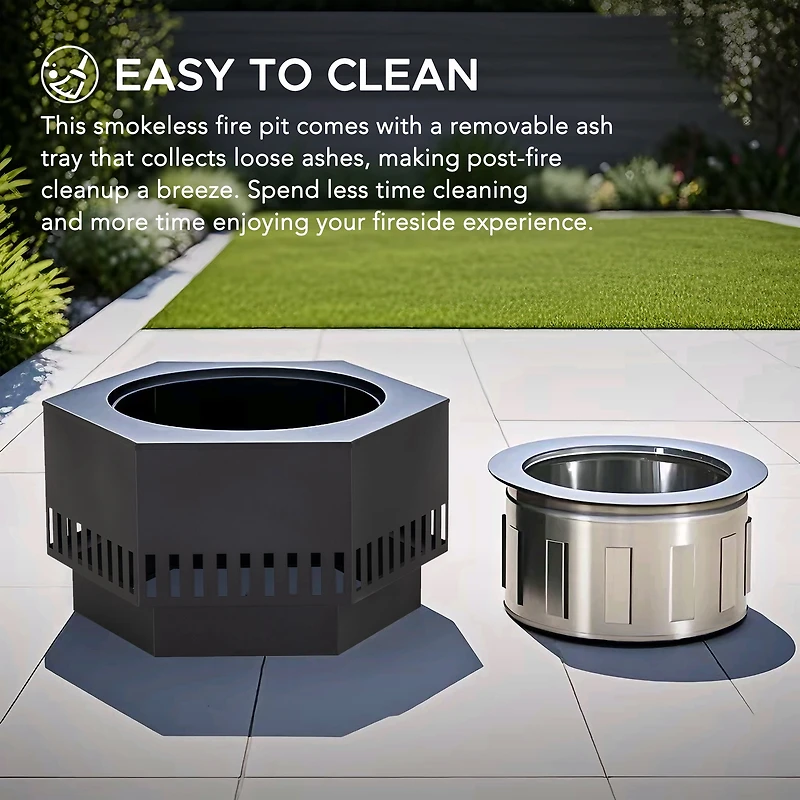 Sunjoy Foyer extérieur sans fumée 28 pouces avec cendrier amovible, foyer à bois portatif extérieur avec housse en PVC et tisonnier, idéal pour le camping, les feux de camp et le jardin, noir