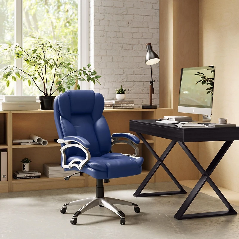 CorLiving Leon Faux Leather PU Fabric Upholstered Adjustable Height Lumbar Support Tilting Executive Office Chair