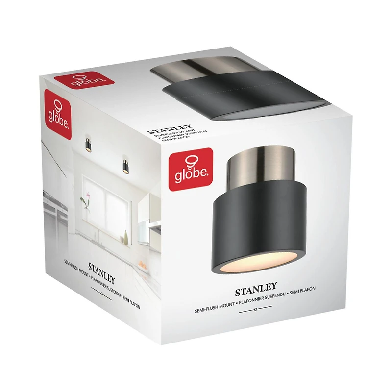 Globe Electric Stanley 1-Light Metal Semi-Flush Mount Ceiling Light, Matte Black, Antique Brass Accents, 61106