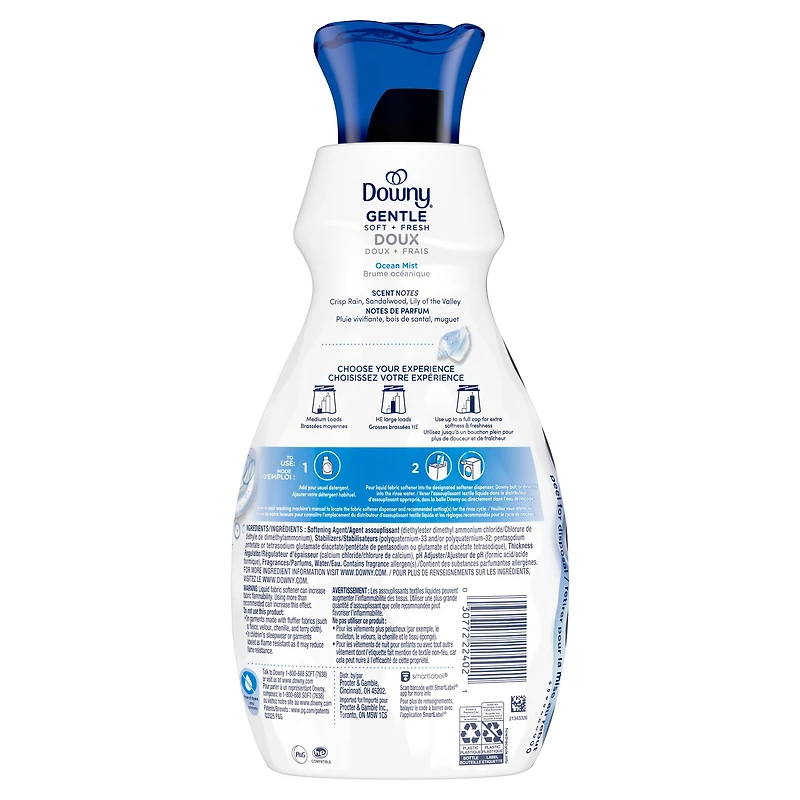 Assouplissant textile liquide Downy Doux et Frais, parfum Brume océanique, assouplissant textile liquide conçu pour être doux pour la peau