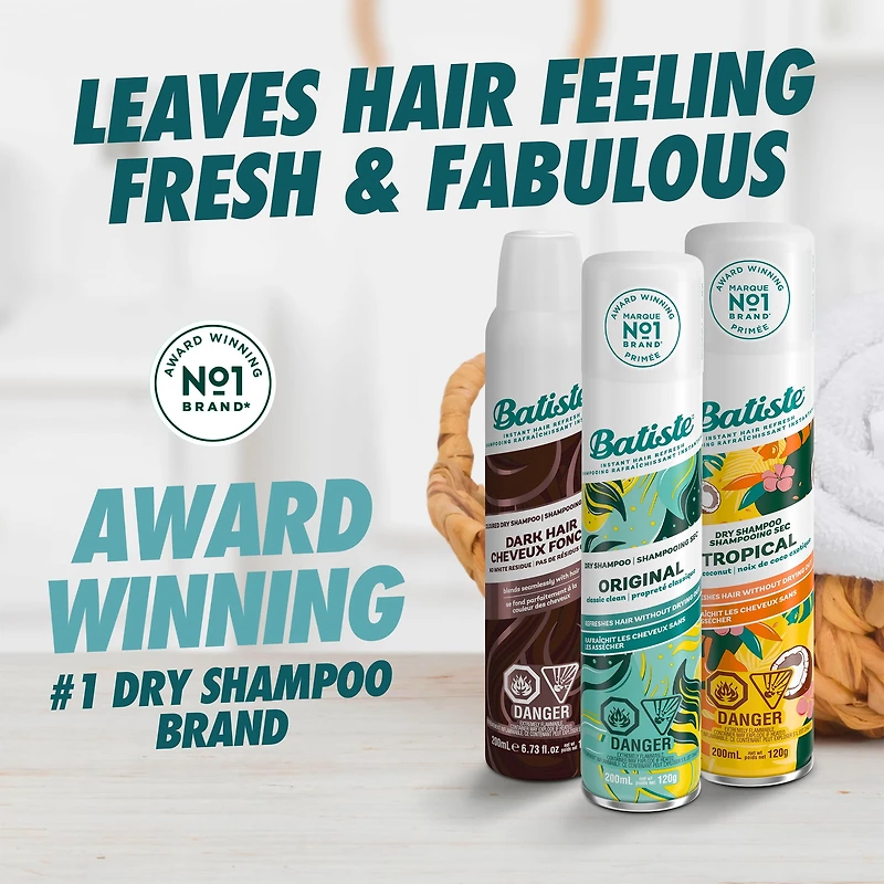 Batiste Brunette Dry Shampoo Spray, Brown & Auburn Hair, Refresh Hair and Absorb Oil Between Washes, 200 ml