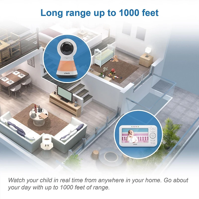 VTech VM5255-2 Moniteur de bébé vidéo numérique à balayage panoramique de 5 po à 2 caméras avec veilleuse (Blanc)
