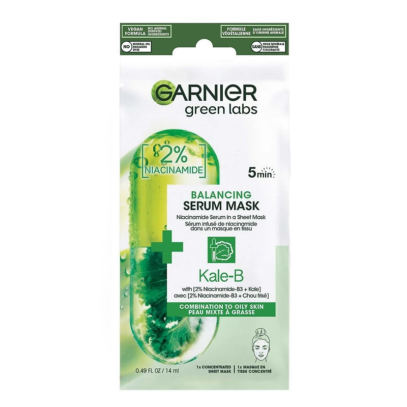 Garnier Sérum Masque en Tissu avec Niacinamide + Kale, soin équilibrant de la peau pour peau grasse, 1 masque en tissu (14 mL)
