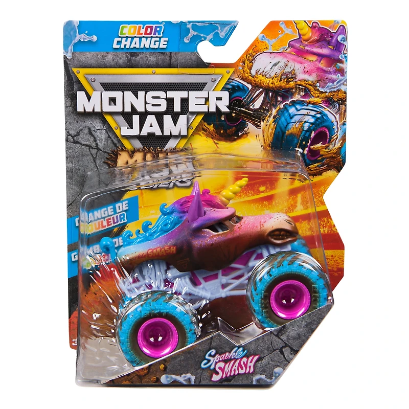 Monster Jam Mud Blasters, Monster truck Monster Jam Sparkle Smash qui change de couleur, véhicule en métal moulé à l'échelle 1:64, jouets pour garçons et filles à partir de 3 ans