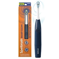 Brosse à dents électrique à pile Spinbrush Smart Clean pour adultes avec tête à double action, compteur et minuterie, Bleu nocturne, soies souples, 1 unité