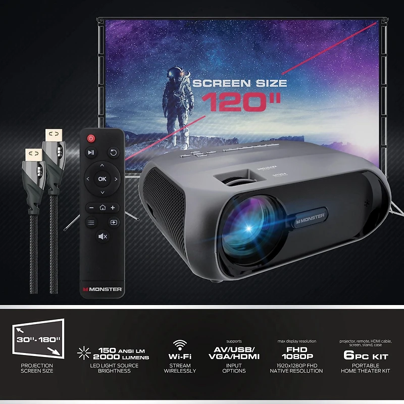 Ensemble de projecteur ACL Monster Image Stream sans fil super lumineux 1080p FHD TFT avec écran de 120 pouces et mallette de transport inclus MHV1-1052-CAN