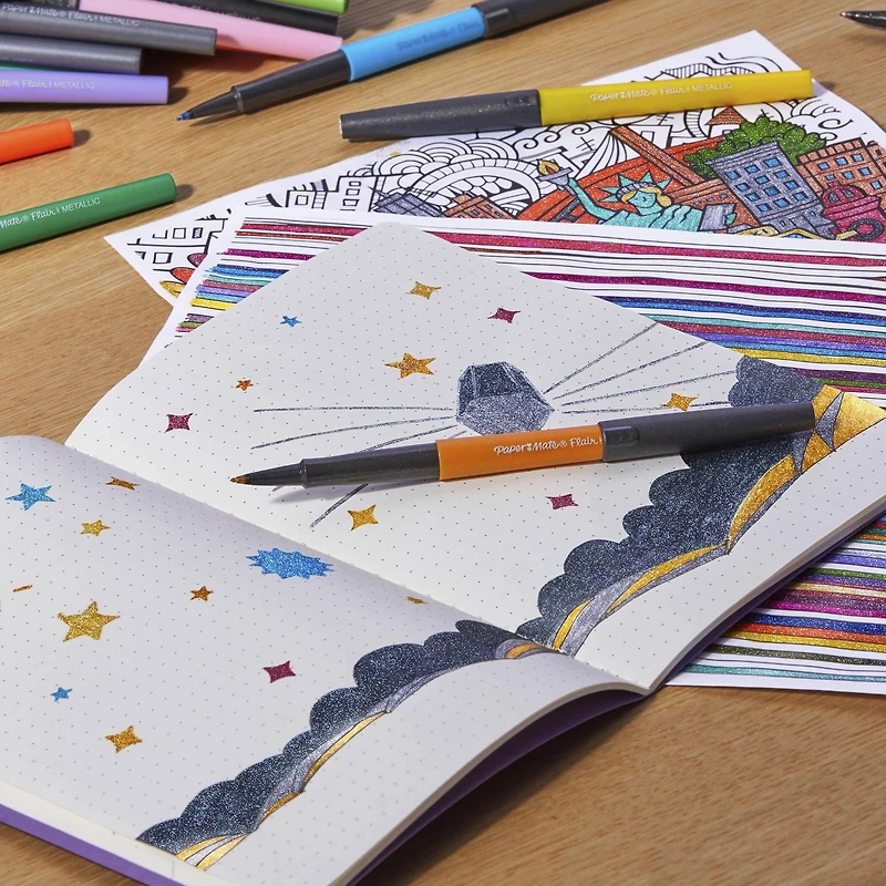 Stylos Paper Mate Flair, stylos-feutres à pointes métalliques, lumières de la ville, encre scintillante brille sur papier blanc, couleurs assorties, 16 unités