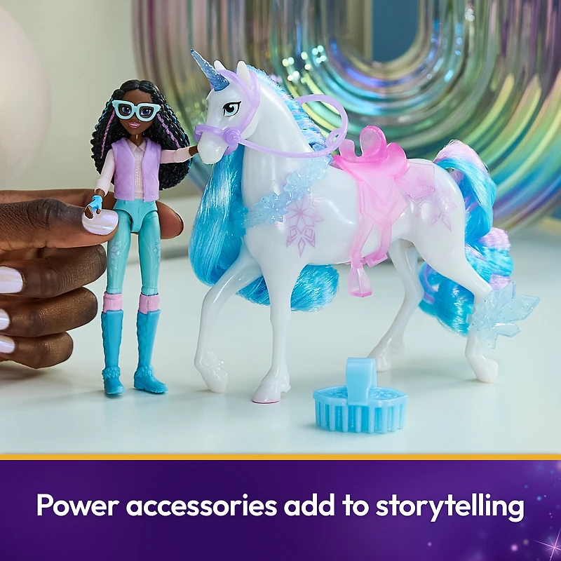 Unicorn Academy, Coffret Layla & Glacier Power of Friendship avec selle et 2 accessoires de pouvoir translucides, poupées et licornes pour filles à partir de 4 ans
