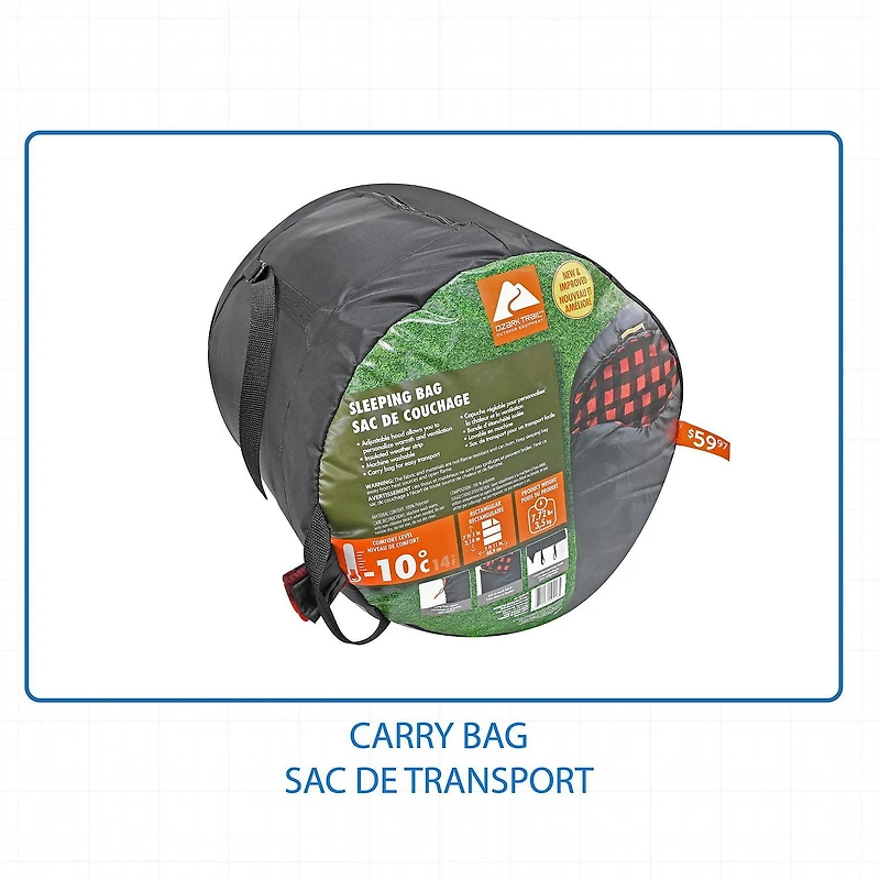 Ozark Trail -10C Sleeping Bag, 85"(L) x35" (W),Temp Rating +14℉/-10℃, Polyester Fabric Outer, Black, Sleeping Bag