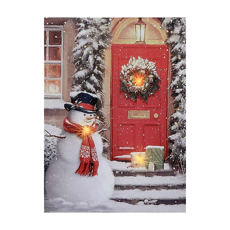 Led Canvas Wall Art (Snowman Red Scarf At Front Door)