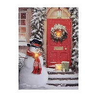 Led Canvas Wall Art (Snowman Red Scarf At Front Door)