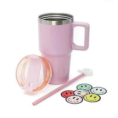 Kids Pink 20oz Stainless Steel Tumbler with Straw, Cloud Straw Topper & 6 Removable Smiley Stickers