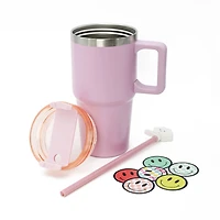 Kids Pink 20oz Stainless Steel Tumbler with Straw, Cloud Straw Topper & 6 Removable Smiley Stickers