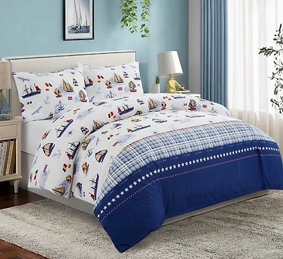Marina Decoration Kids Boys Toddlers Cute Printed 600 Thread Count Soft Cotton Blend Percale Duvet Cover Fitted Sheet Ensemble Bedding Set, Nautical Sailing Boat Pattern
