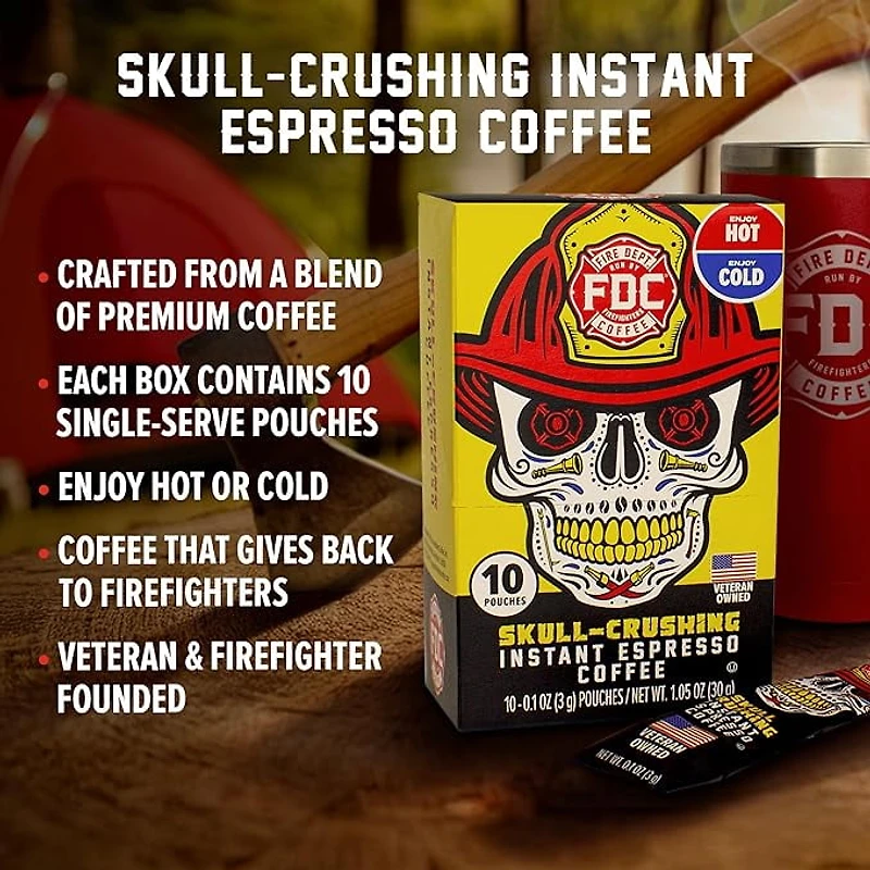 Fire Department Coffee, Skull-Crushing Instant Espresso, Instant Coffee Packets, Pack of 10