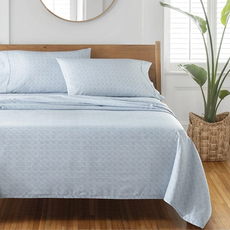 Better Homes & Gardens 4-Piece 300 Thread Count Suzani Blue Water Cotton Sateen Bed Sheet Set, King, 300 TC Cotton Sateen Sheet Set