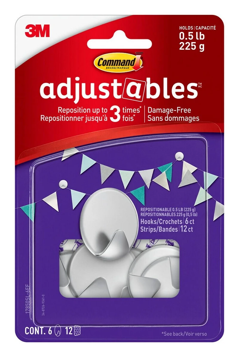 Command® Adjustables™ Silver Circle Hooks, 17850SL-6EF