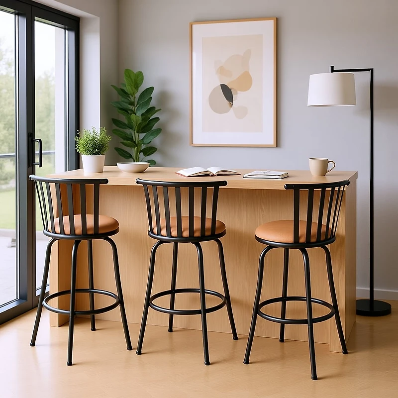 Homy Casa Set of 3 Compact Adjustable Bar Stool for Small Spaces, Swivel Chair with Tan Cushion and Metal Frame