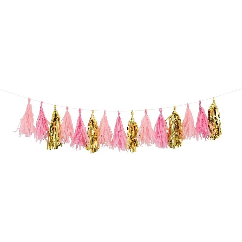 Pink and Gold Celebration Tassel Garland 72" x 8", Tassel Garland Pink Gold