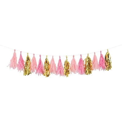 Pink and Gold Celebration Tassel Garland 72" x 8", Tassel Garland Pink Gold