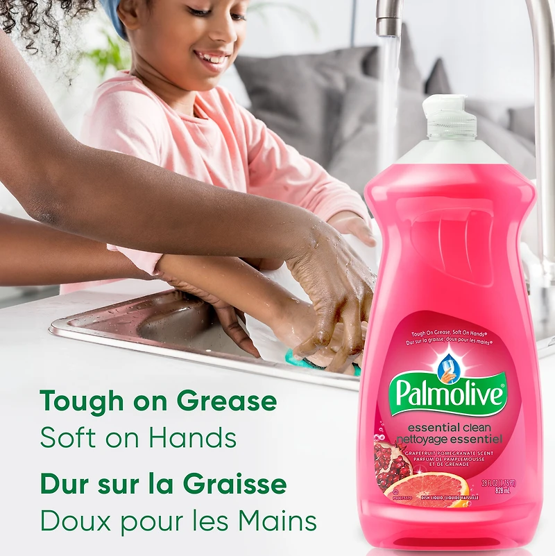 Palmolive Essential Clean Savon à Vaisselle Liquide, Détergent à Vaisselle Parfumé au Pamplemousse et à la Grenade, Bouteille de 828 ml