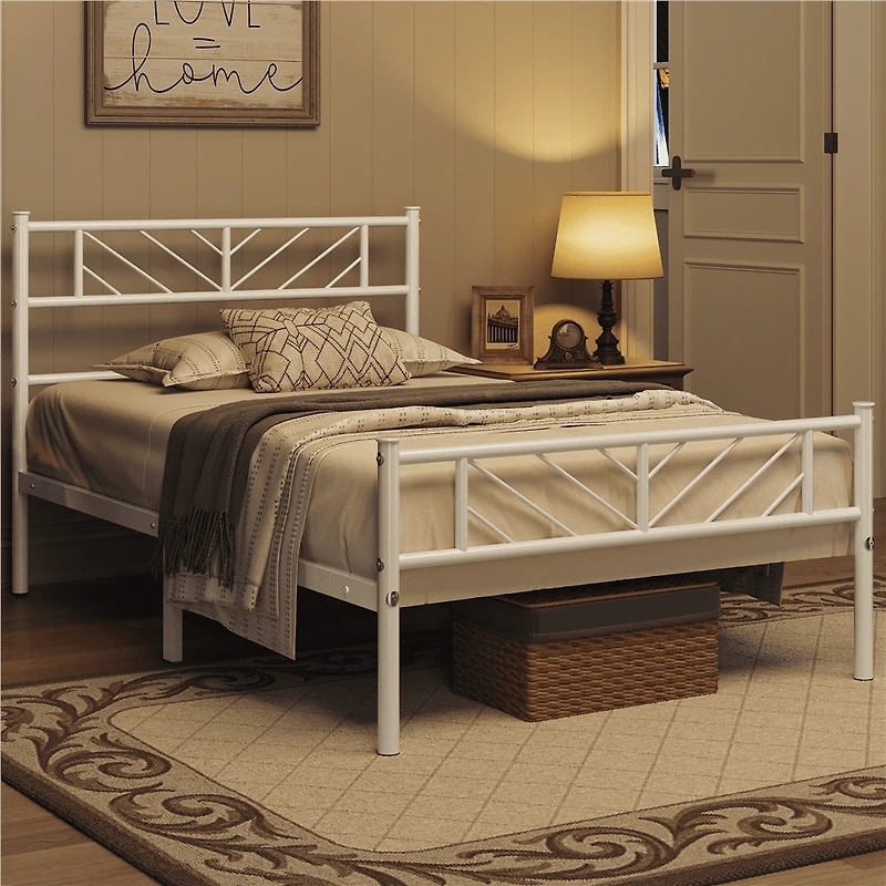 Fullfurnique Metal Adult Platform Bed with Arrow Design Headboard and Footboard, Twin, White
