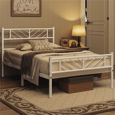 Fullfurnique Metal Adult Platform Bed with Arrow Design Headboard and Footboard, Twin, White