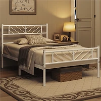 Fullfurnique Metal Adult Platform Bed with Arrow Design Headboard and Footboard, Twin, White