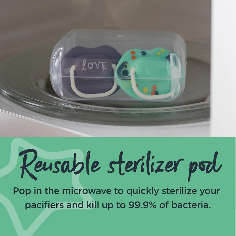 Tommee Tippee Moda Pacifiers, Symmetrical Design, BPA-Free Silicone Baglet, Includes Sterilizer Box, 18-36m, 2-Count, 18-36m