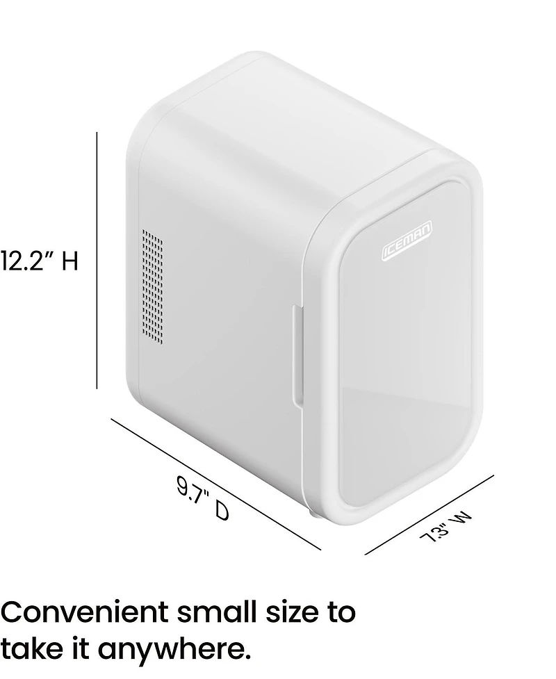 ICEMAN Portable Mini Fridge w/ 8 355 ml (12oz) Can Capacity, Cools and Heats, Car Plug Included - White, New