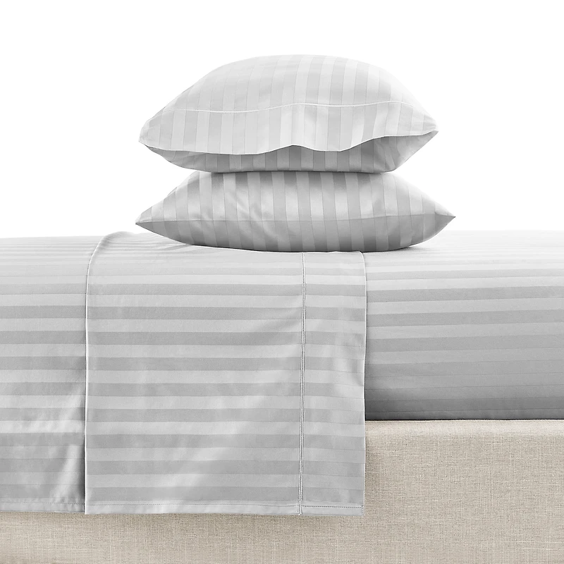 Ensemble de draps pour lit adulte en coton égyptien gris rayures 600 contexture, 4 pièces, hotel style, grand lit - Poche profonde Ensemble de draps grand lit