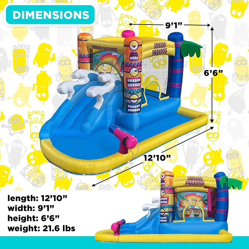 Funormous Minions Bounce House avec toboggan aquatique : pour s'amuser à l'intérieur comme à l'extérieur, comprend un souffleur d'air avec disjoncteur différentiel pour les enfants âgés de 3 à 8 ans.