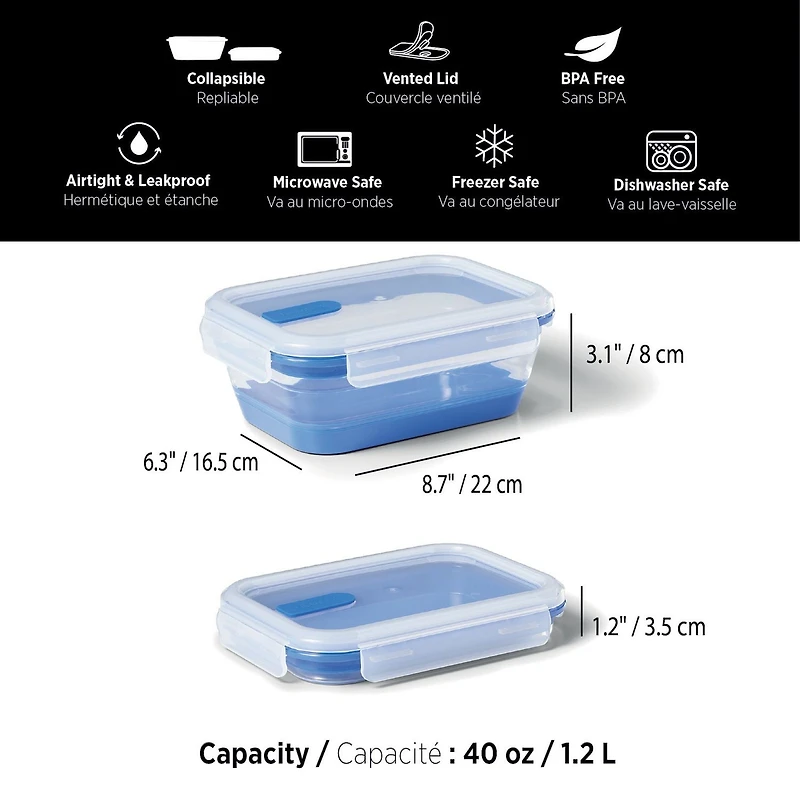 Starfrit LocknLock Contenant Repliable 1,2L/40oz, Hermétique, Étanche, Sans BPA, Gain de Place, Silicone, Va au Micro-ondes Congélateur et Lave-vaisselle, Couvercle à Valve, Compact Gagnez de l’espace avec le contenant pliable LocknLock 1,2 L de Starfrit. Réduit à moins de la moitié de sa hauteur. Hermétique, sans BPA. Va au micro-ondes, congélateur et lave-vaisselle. Parfait pour petits espaces, voyages et pique-niques.