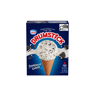 Drumstick Biscuits et crème, dessert glacé à la van. et croust. au choc., enrob. chocolaté blanc et morceaux au choc. avec pépite choc. 0.5 L