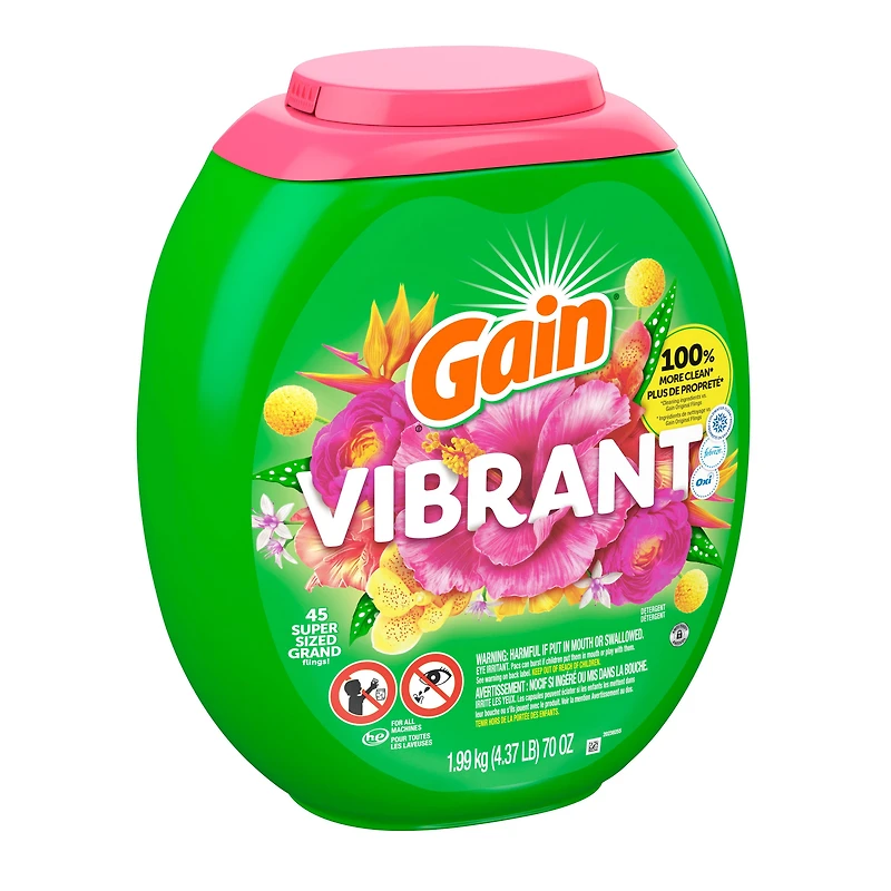 Gain Super Sized Flings Laundry Detergent Pacs, Vibrant, 3-in-1 Detergent Pacs with Febreze and Oxi, 45CT