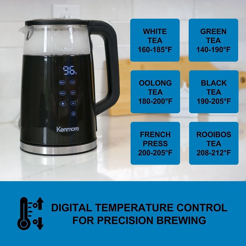 Kenmore Bouilloire électrique 1,7 L Bouilloire électrique portable en verre avec contrôle de la température Affichage numérique, Bouilloire électrique en verre avec couvercle, Noir