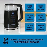 Kenmore Bouilloire électrique 1,7 L Bouilloire électrique portable en verre avec contrôle de la température Affichage numérique, Bouilloire électrique en verre avec couvercle, Noir