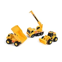 MAXX ACTION Ensemble de 3 mini véhicules de construction - Véhicule jouet à rétrofriction avec lumières et sons | Comprend un camion-benne, une chargeuse frontale et un camion-grue