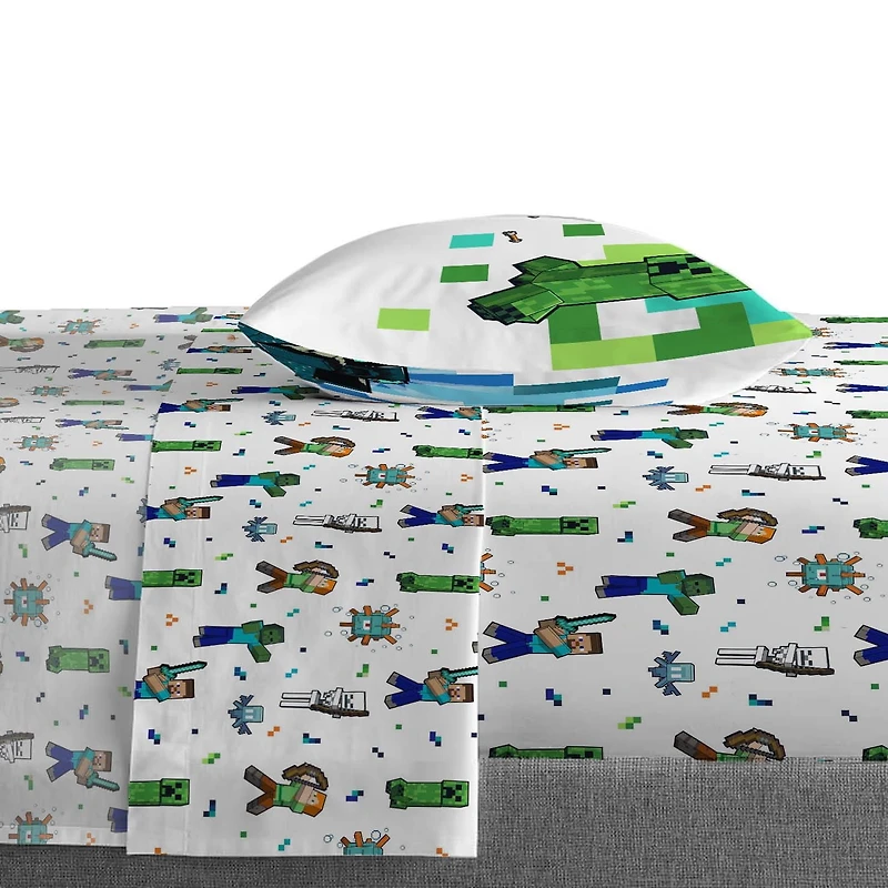 Minecraft Ensemble de Draps 3-Pièces pour Lit 1 Place, 100% Polyester Pour Lit 1 Place