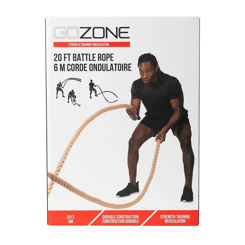 GoZone 20ft Battle Rope – Natural/Black, With rubberized grip